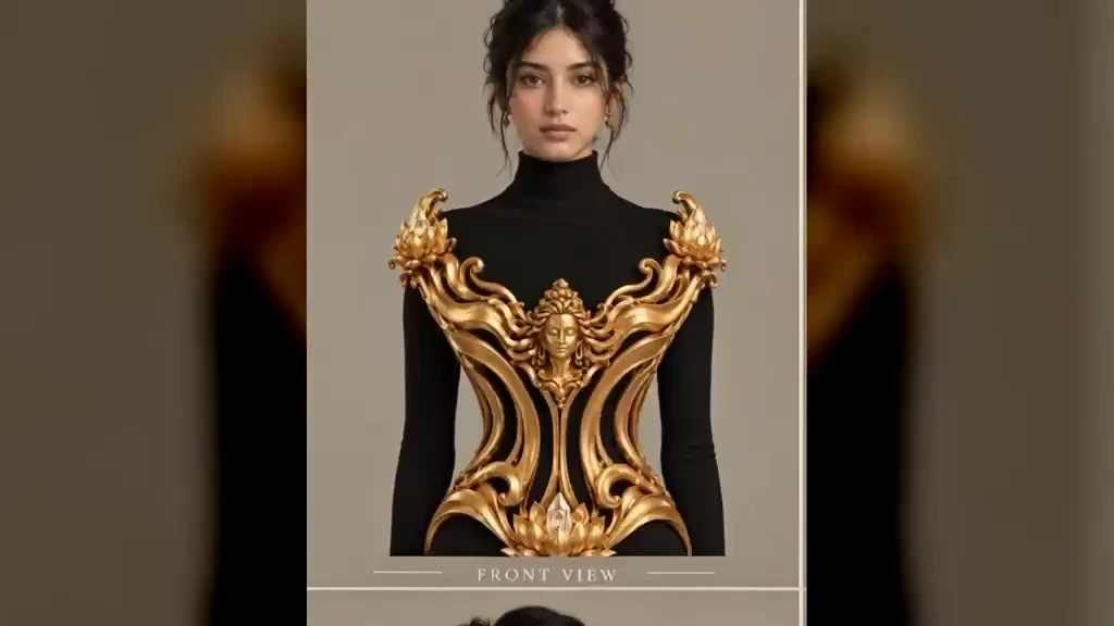 Mythic gold corset envisioned on a black outfit